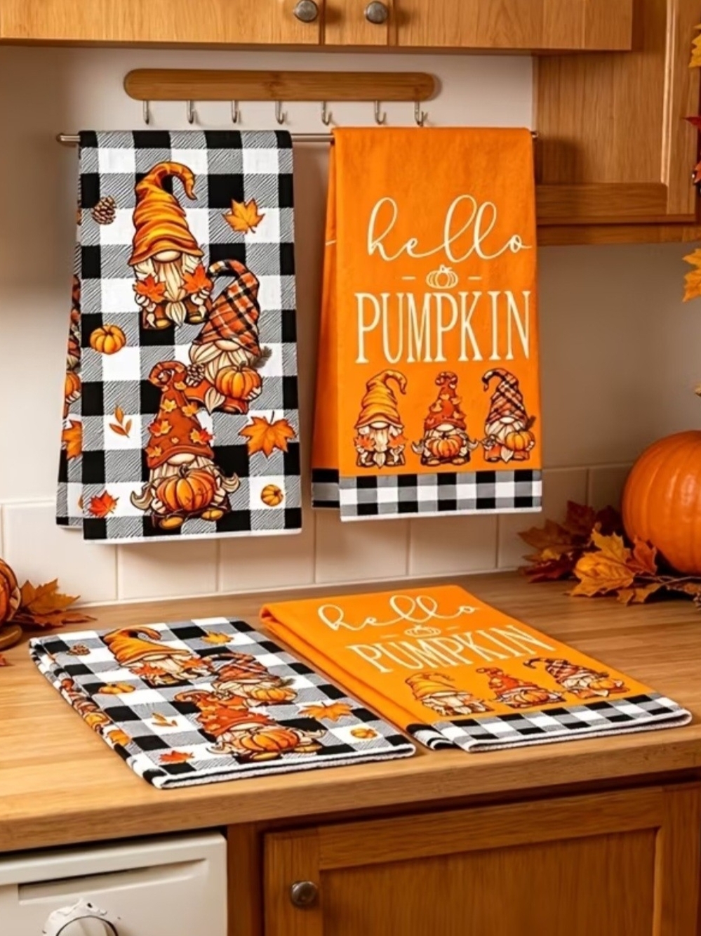 Hello Pumpkin Autumn Kitchen Towels - Orange Buffalo Check Gnome Set